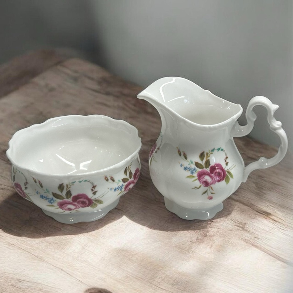 Vintage Royal Albert Bone China Creamer and Sugar Bowl with Pink Rose Motif